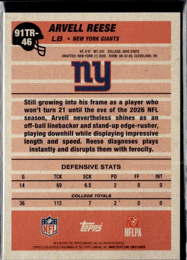 2025 Topps Flagship Football Retro Rookie #91TR-46 Arvell Reese RC (2)