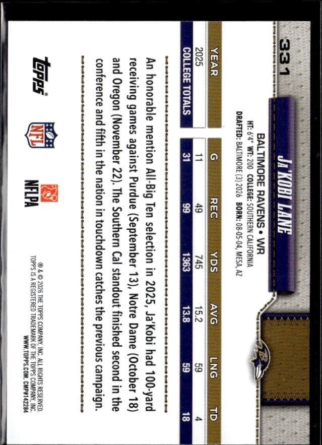 2025 Topps Flagship Football Base Rookie #331 Ja'Kobi Lane RC (2)