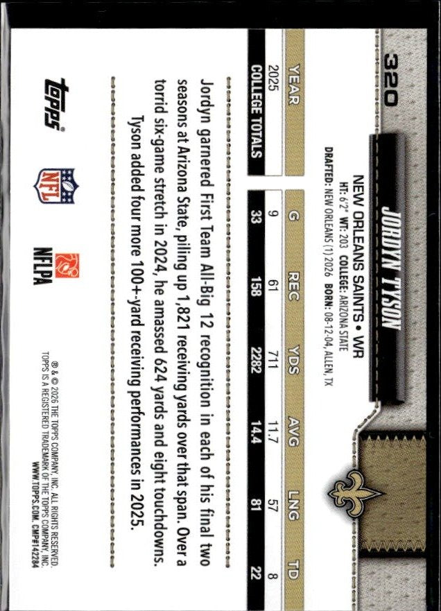 2025 Topps Flagship Football Base Rookie #320 Jordyn Tyson RC (2)