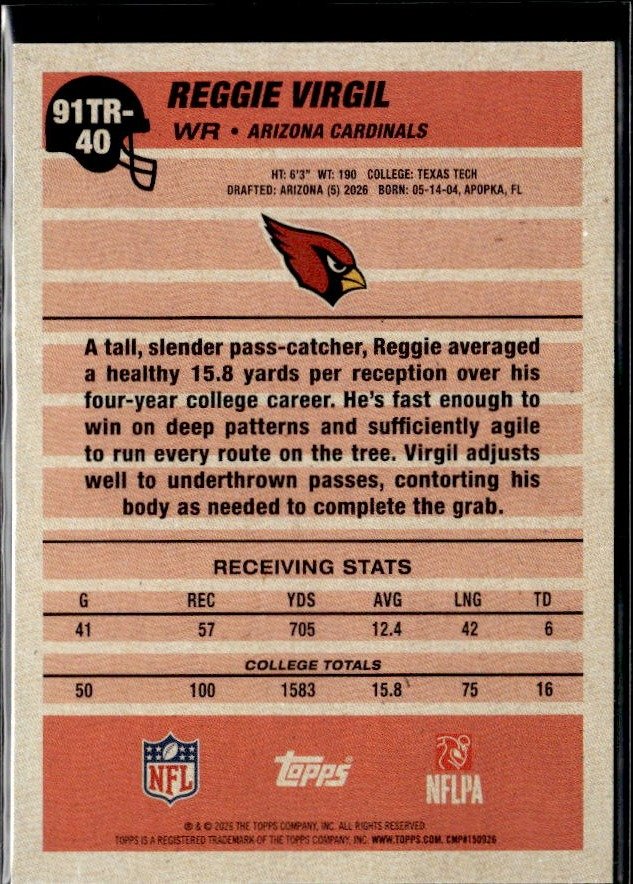2026 Topps Flagship Football Retro Rookie #91TR-40 Reggie Virgil RC (2)
