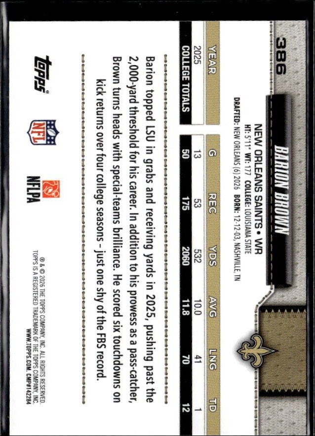 2025 Topps Flagship Football Base Rookie #386 Barion Brown RC (2)