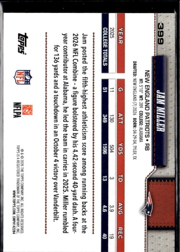2025 Topps Flagship Football Base Rookie #399 Jam Miller RC (2)