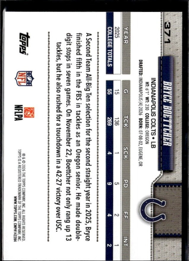2025 Topps Flagship Football Base Rookie #371 Bryce Boettcher RC (2)