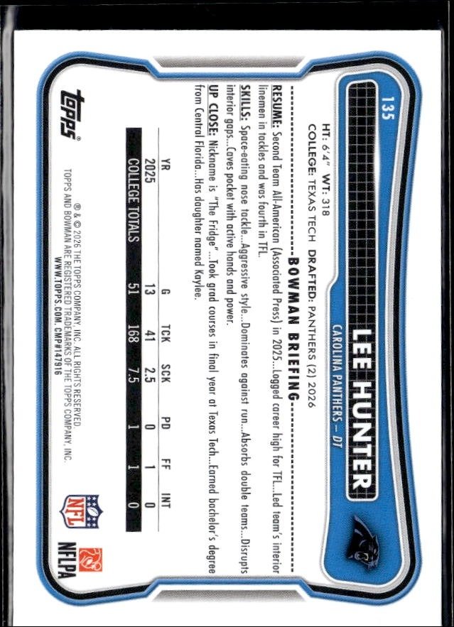 2026 Bowman Football Base Rookie #13 Lee Hunter RC (2)