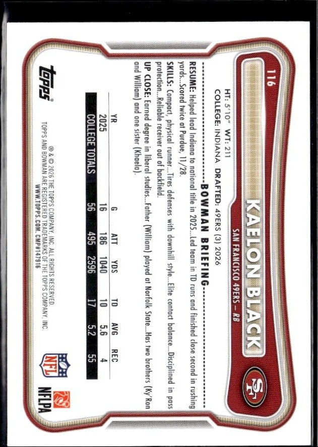 2026 Topps Bowman Football Base Rookie #116 Kaelon Black RC (2)