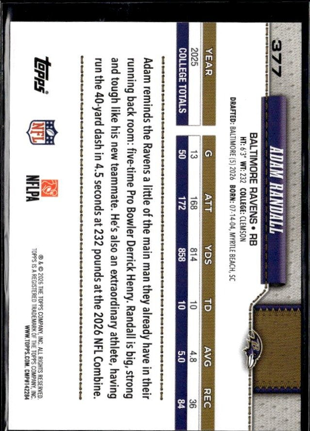 2026 Topps Flagship Football Base Rookie #377 Adam Randall RC (2)