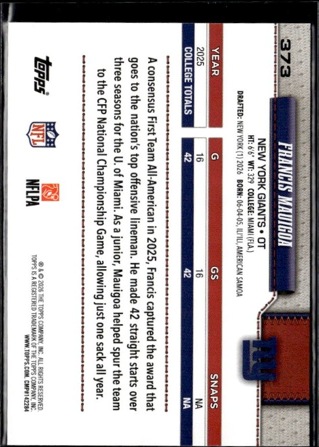 2025 Topps Flagship Football Base Rookie #373 Francis Mauigoa RC (2)