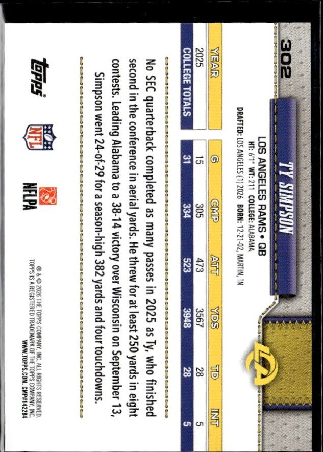 2026 Topps Flagship Football Base Rookie #302 Ty Simpson RC (2)