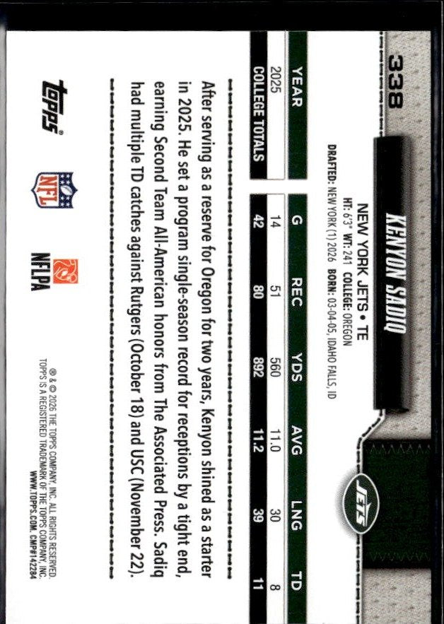 2026 Topps Flagship Football Base Rookie #338 Kenyon Sadiq RC (2)