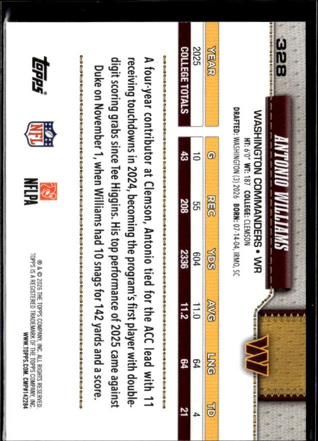 2026 Topps Flagship Football Base Rookie #328 Antonio Williams RC (2)