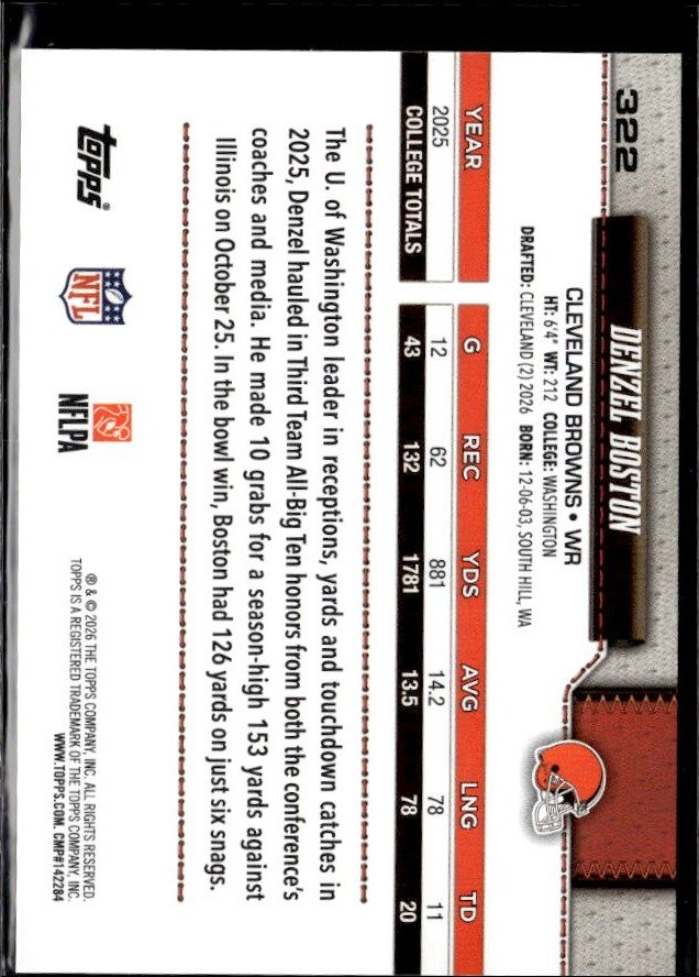 2026 Topps Series 1 Football Base Rookie #322 Denzel Boston RC (2)
