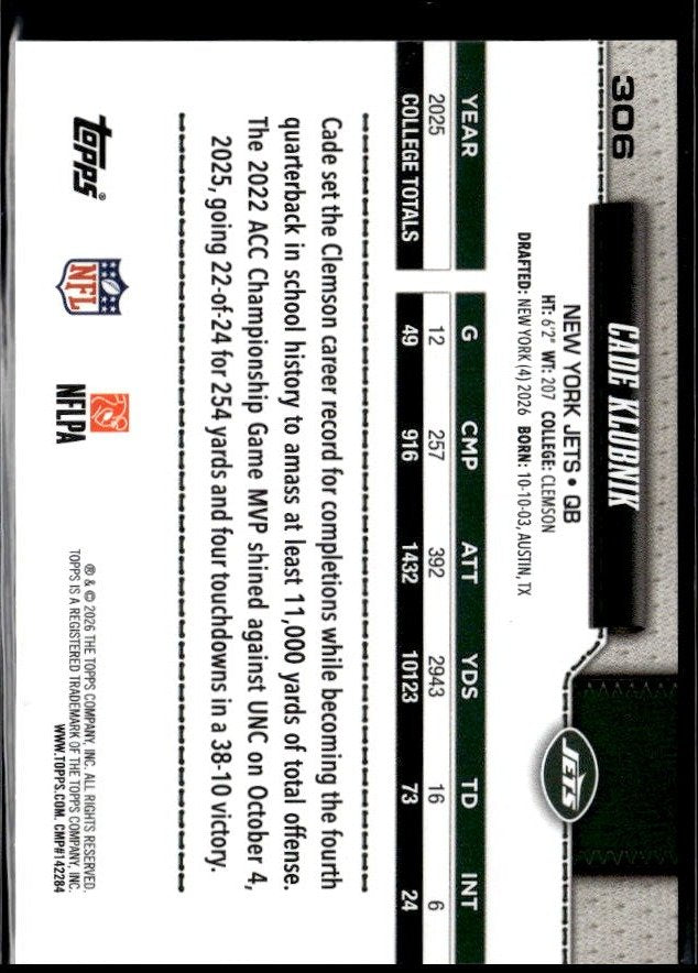 2026 Topps Flagship Football Base Rookie #306 Cade Klubnik RC (2)