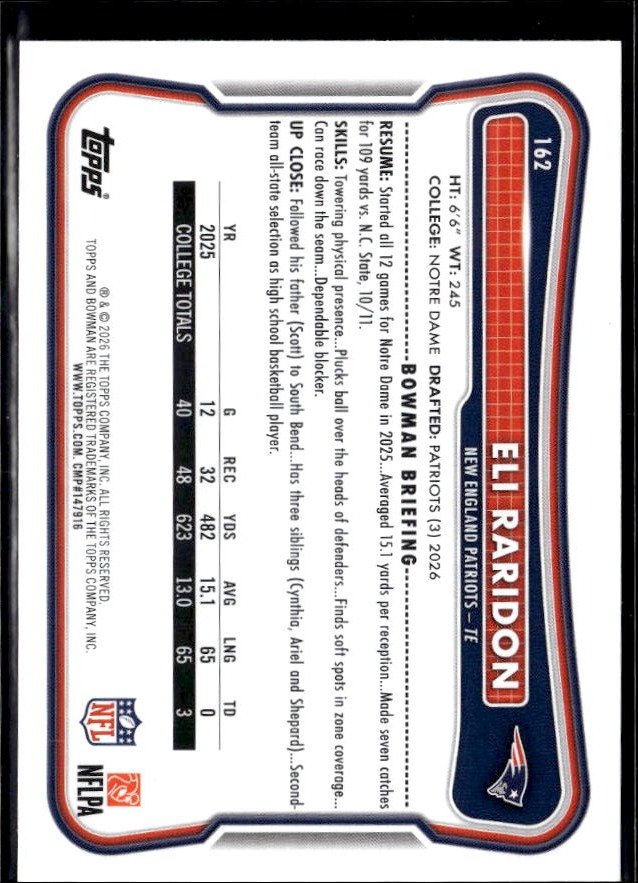 2026 Bowman Football Base Rookie #62 Eli Raridon RC (2)