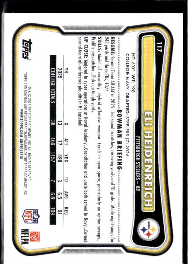 2026 Topps Bowman Football Base Rookie #17 Eli Heidenreich RC (2)