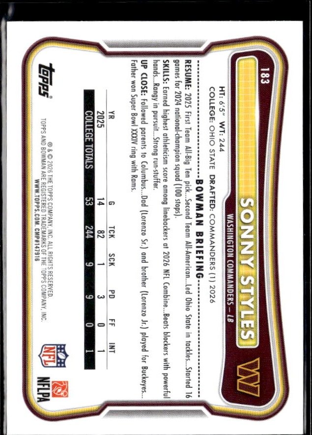 2026 Topps Bowman Football Base Rookie #183 Sonny Styles RC (2)