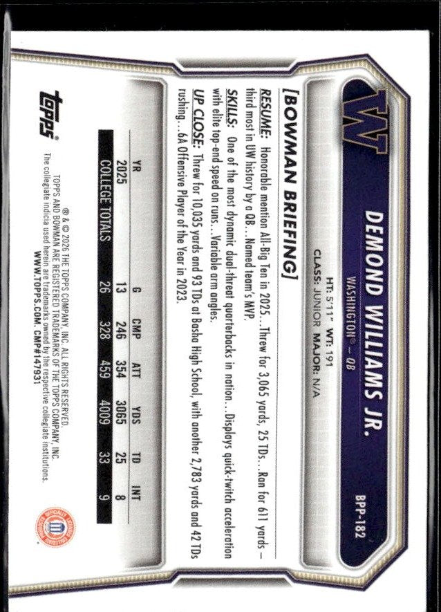 2025 Bowman Bowman University Football #BPP8 Demond Williams Jr. (2)