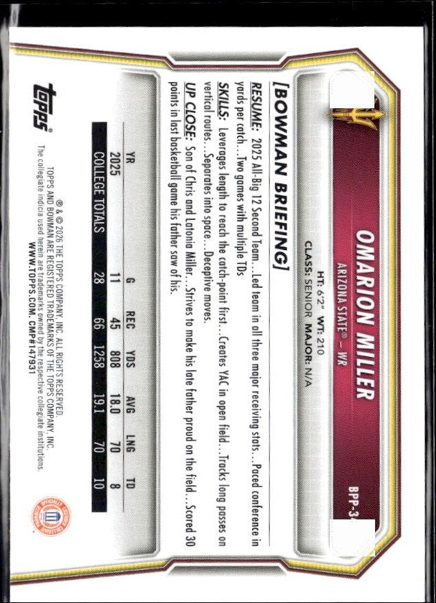 2025 Bowman U Football Base Rookie #BP-3 Omarion Miller RC (2)