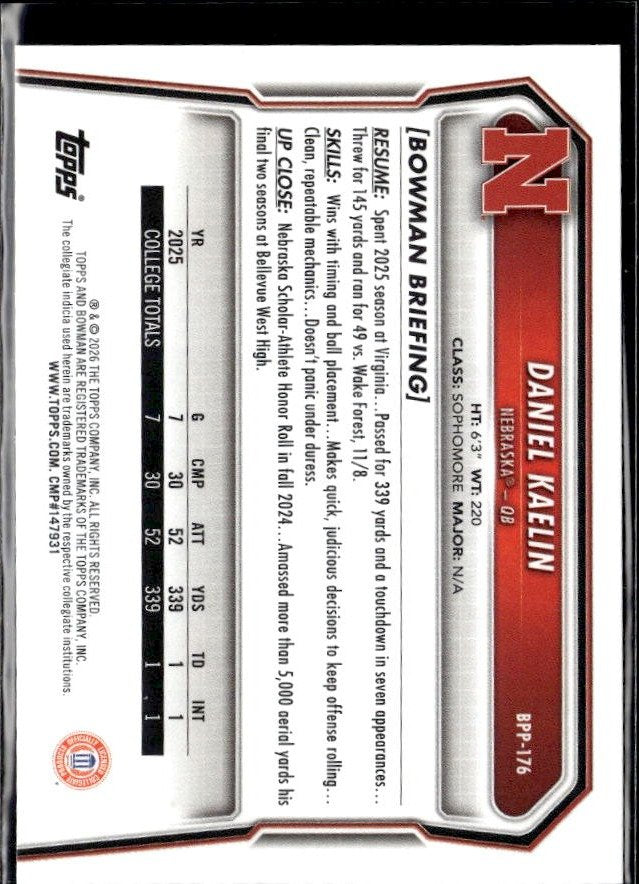 2025 Bowman University Football Base Rookie #BP-176 Daniel Kaelin RC (2)