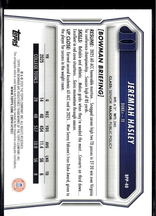 2025 Bowman Bowman U Football Base Rookie #BP-40 Jeremiah Hasley RC (2)