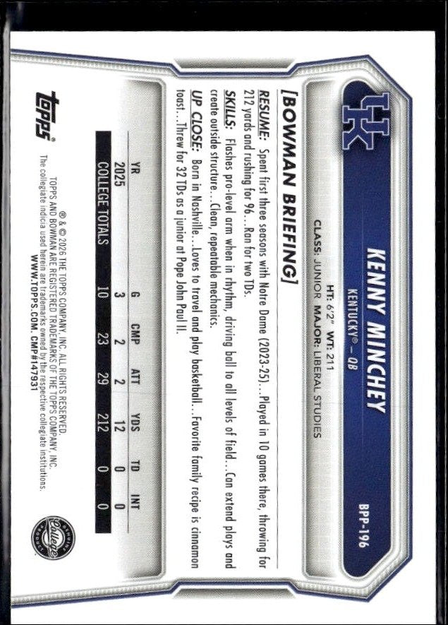 2025 Bowman Bowman U Football #BUP-P16 Kenny Minchey (2)