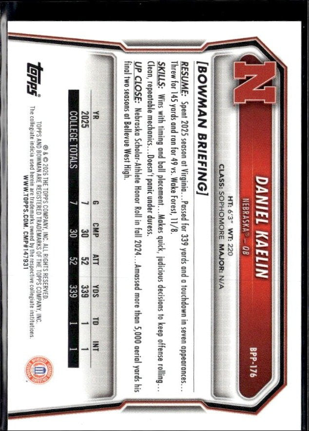 2025 Bowman University Football Base Rookie 1st #BPU-176 Daniel Kaelin RC (2)