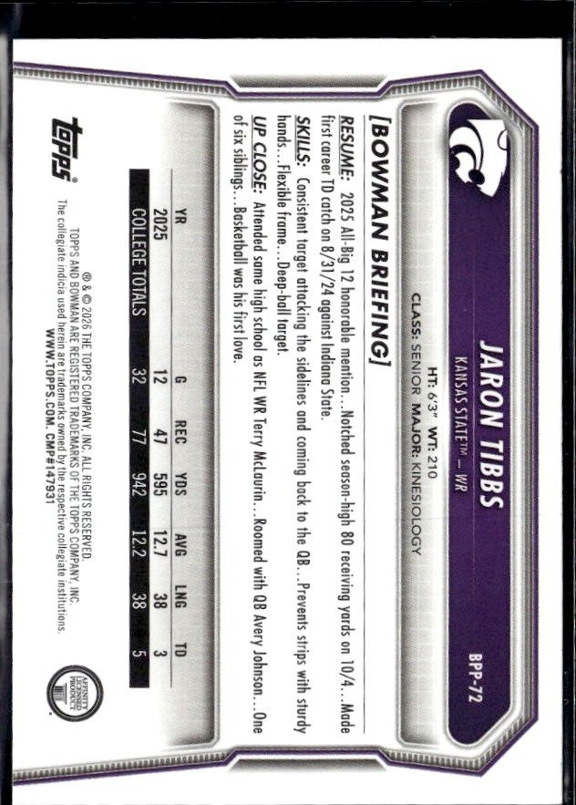 2025 Bowman Bowman University Football 1st #BPP-72 Jaron Tibbs (2)