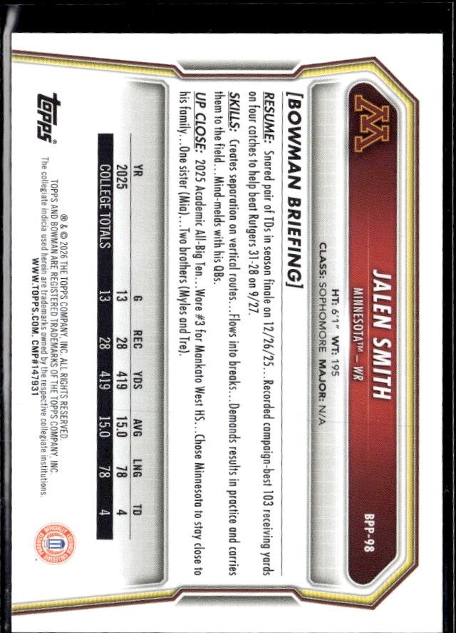 2025 Bowman 1st Bowman Football Base Rookie #BPP-49 Jalen Smith RC (2)