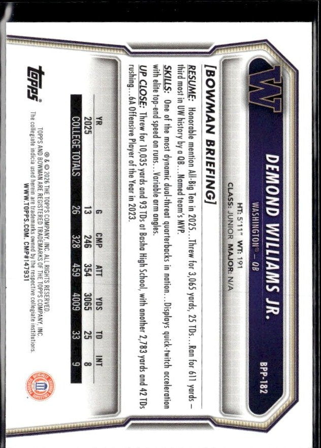 2025 Bowman Bowman U Football Base Rookie #BPP262 Demond Williams Jr. RC (2)