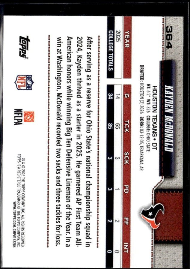 2026 Topps Series 1 Football Base Rookie #364 Kayden McDonald RC (2)