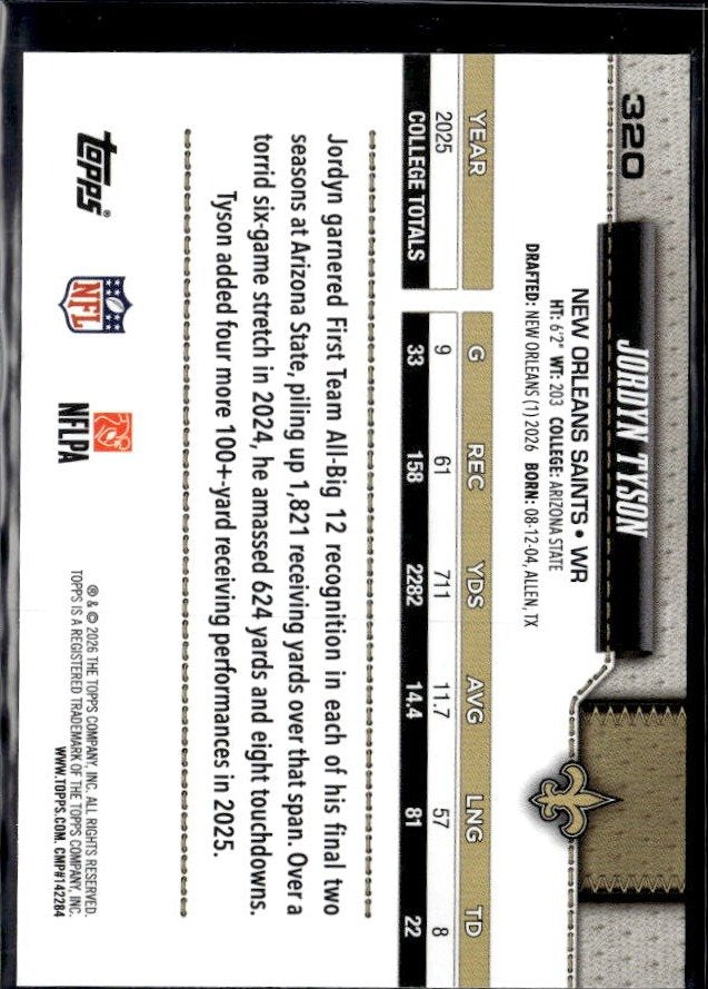 2026 Topps Flagship Football Base Rookie #320 Jordyn Tyson RC (2)