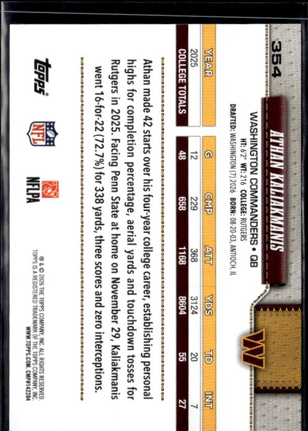 2026 Topps Flagship Football Base Rookie #354 Athan Kaliakmanis RC (2)