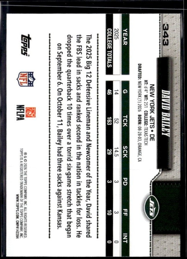 2026 Topps Flagship Football Base Rookie #343 David Bailey RC (2)
