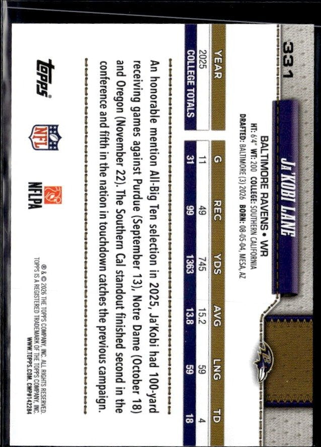 2026 Topps Flagship Football Base Rookie #331 Ja'Kobi Lane RC (2)