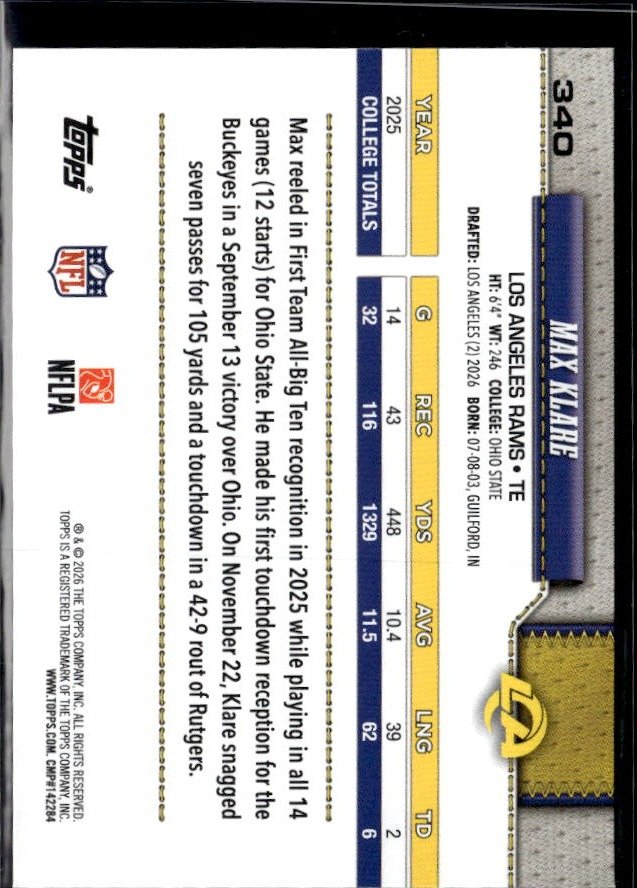 2026 Topps Flagship Football Base Rookie #340 Max Klare RC (2)