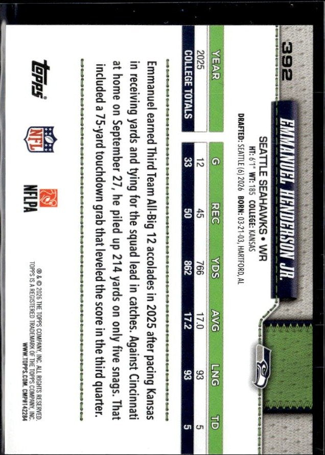 2025 Topps NFL Football Base Rookie #392 Emmanuel Henderson Jr. RC (2)