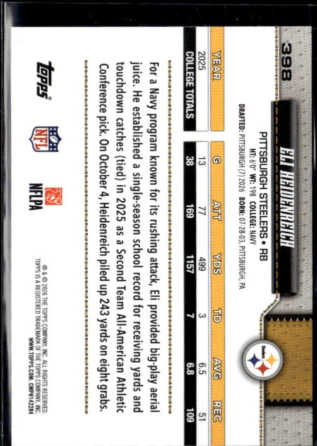 2025 Topps Flagship Football Base Rookie #398 Eli Heidenreich RC (2)