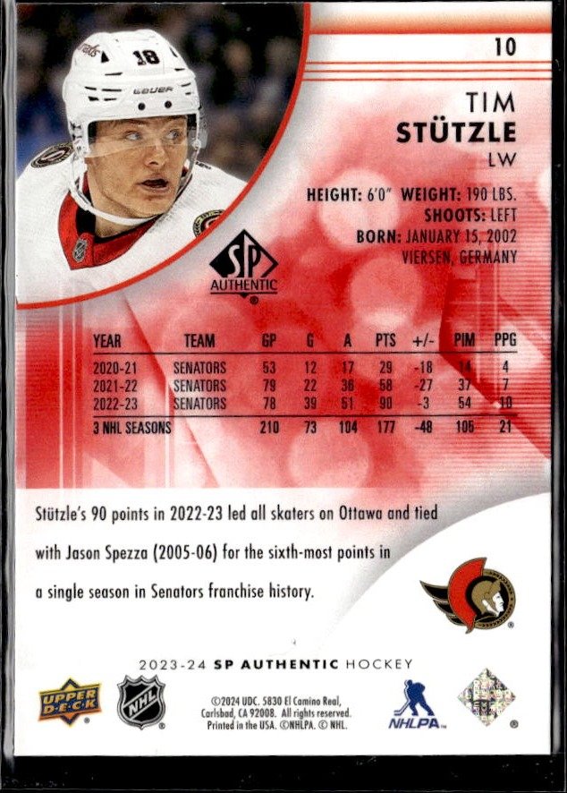 2023-24 Upper Deck SP Authentic Hockey Limited Red #10 Tim Stützle (2)