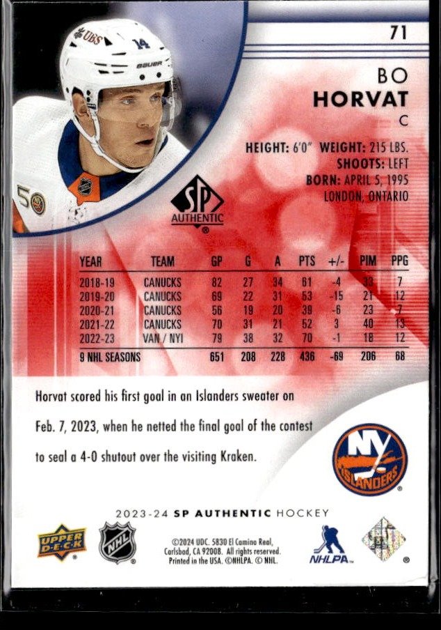 2023-24 Upper Deck SP Authentic Hockey Limited Red #71 Bo Horvat (2)