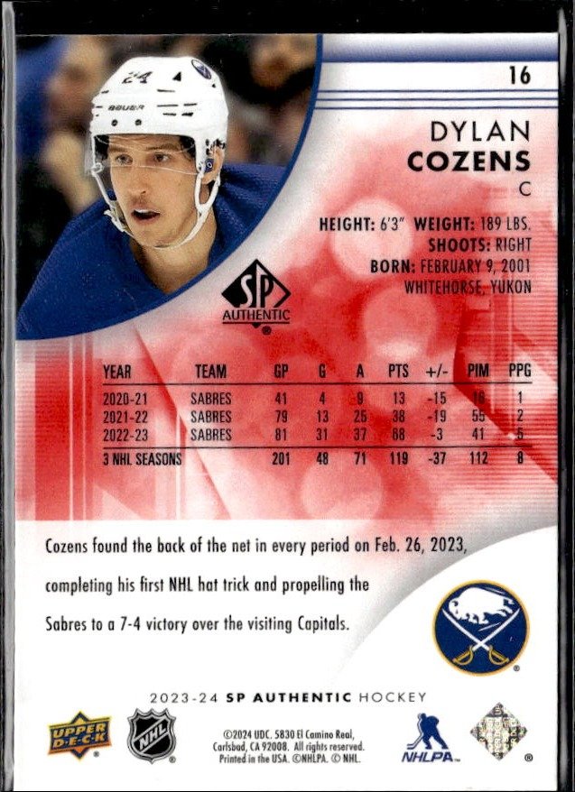 2023-24 Upper Deck SP Authentic Hockey Limited Red #16 Dylan Cozens (2)
