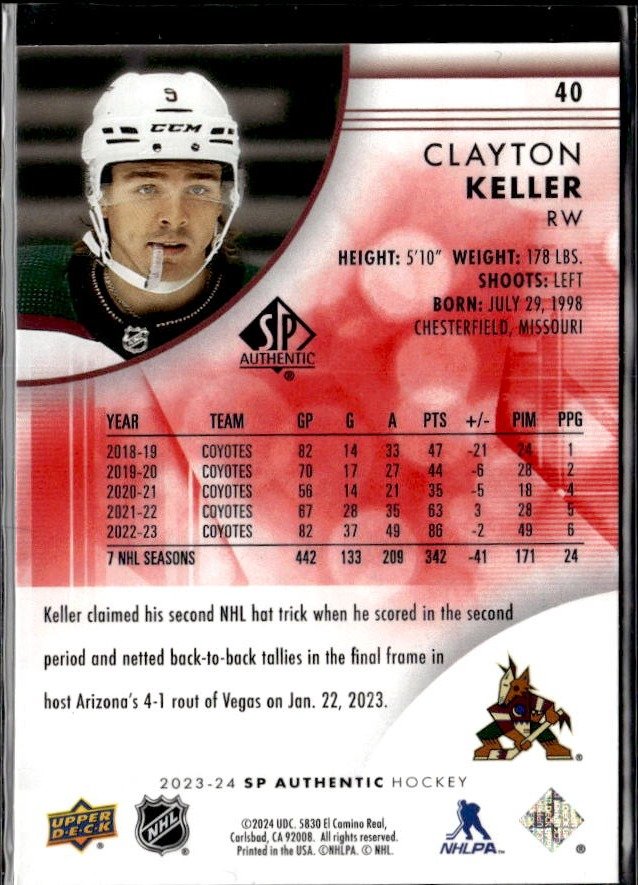 2023-24 Upper Deck SP Authentic Hockey Limited Red #40 Clayton Keller (2)