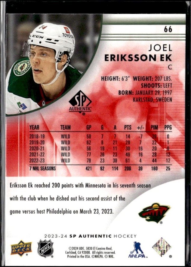 2023-24 Upper Deck SP Authentic Hockey Limited Red #66 Joel Eriksson Ek (2)