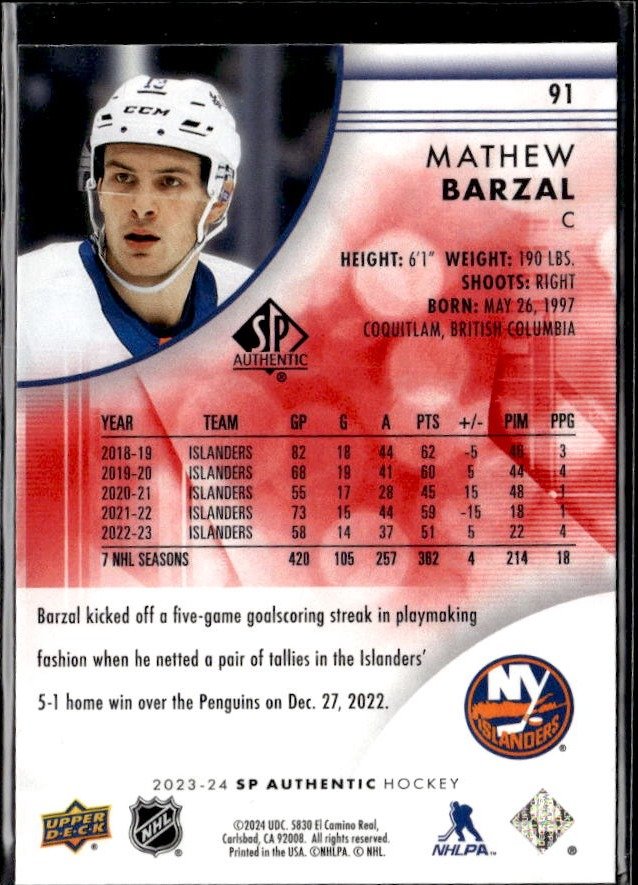 2023-24 Upper Deck SP Authentic Hockey Limited Red #91 Mathew Barzal (2)