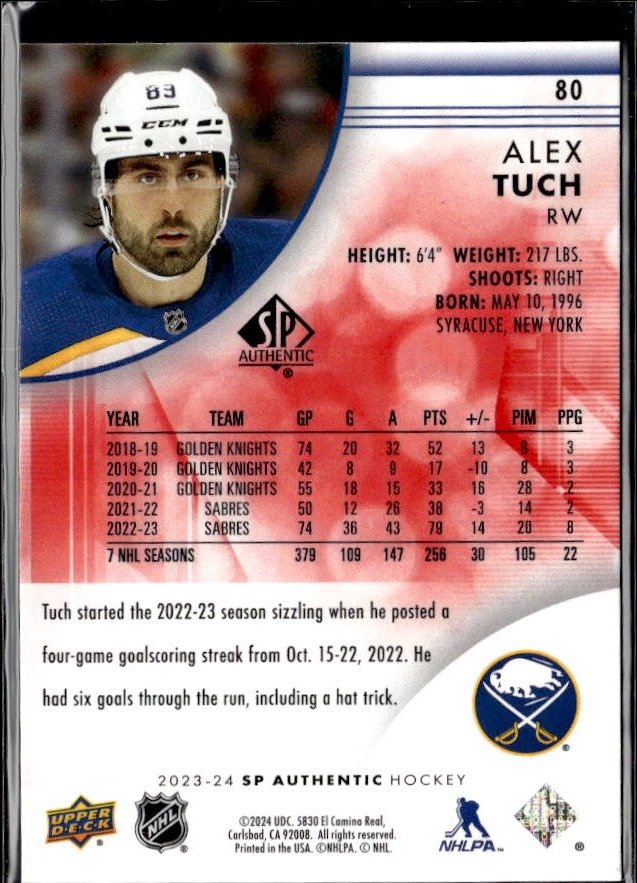 2023-24 Upper Deck SP Authentic Hockey Limited Red #80 Alex Tuch (2)