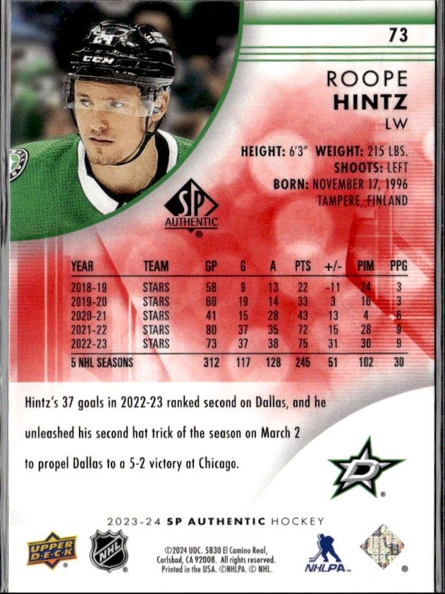 2023-24 Upper Deck SP Authentic Hockey Limited Red #73 Roope Hintz (2)