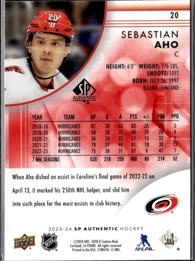 2023-24 Upper Deck SP Authentic Hockey Limited Red #20 Sebastian Aho (2)