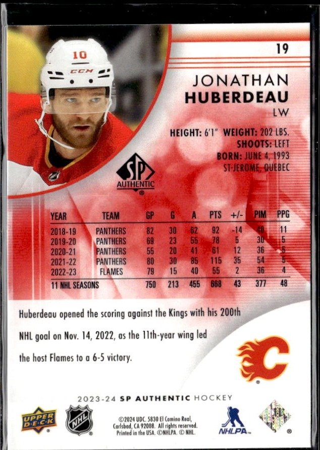 2023-24 Upper Deck SP Authentic Hockey Limited Red #19 Jonathan Huberdeau (2)