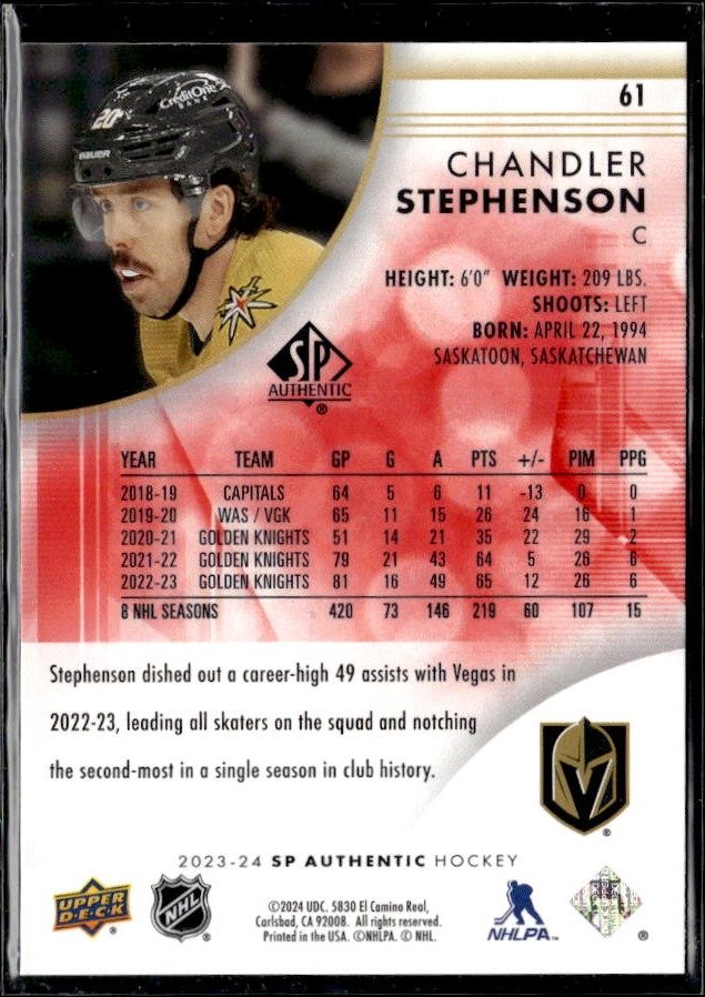 2023-24 Upper Deck SP Authentic Hockey Limited Red #61 Chandler Stephenson (2)