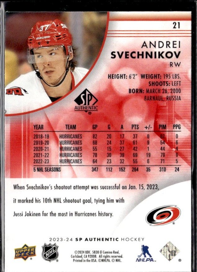 2023-24 Upper Deck SP Authentic Hockey Limited Red #21 Andrei Svechnikov (2)