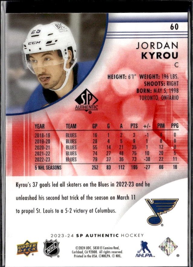 2023-24 Upper Deck SP Authentic Hockey Limited Red #60 Jordan Kyrou (2)