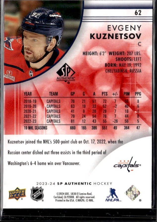 2023-24 Upper Deck SP Authentic Hockey Limited Red #62 Evgeny Kuznetsov (2)